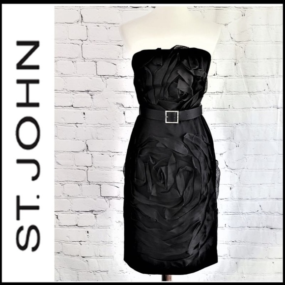 St. John Dresses & Skirts - ST JOHN Black Strapless Silk Belted Dress 6